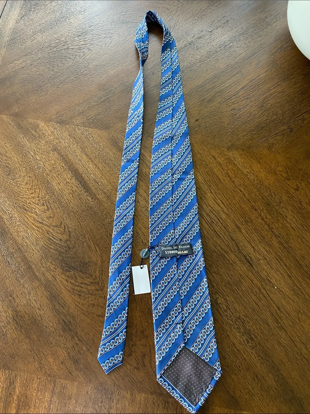 NWT Daniel de Fasson Studio Miami Handmade Silk Tie Blue Geometric Chain Link